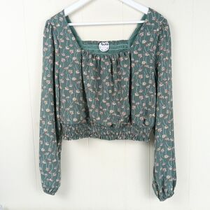 Arula Smocked Crop Top Size X(10-12) Green Floral Peasant Long Sleeve Coquette
